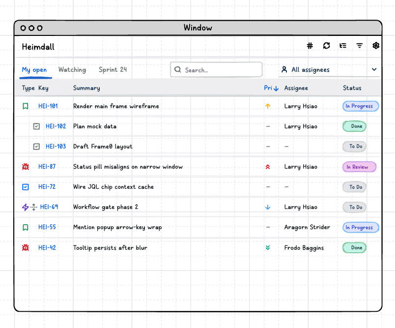 Frame0 wireframe of the Heimdall tickets page